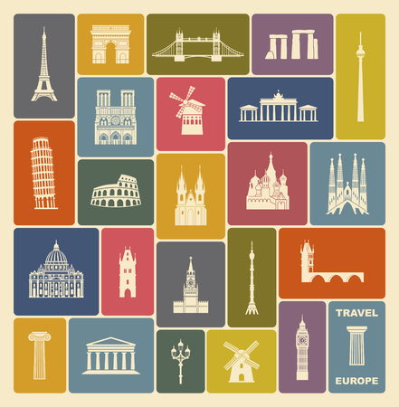 Collection of Europe detailed silhouettes. Set Travel Landmarks. vector illustration. London, Paris, Prague, Barcelona, Moscow Rome Athens Berlinのイラスト素材