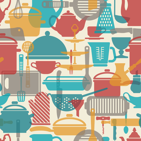 Seamless vector pattern with crockery. Kitchen background. Cooking utensils and kitchen toolsのイラスト素材