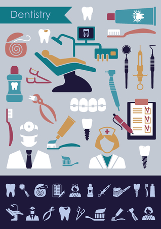 Stylized flat symbols of dentistry and dental careのイラスト素材