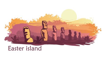 The landscape of Easter island with the famous sculptures at sunset. Vector Illustrationのイラスト素材
