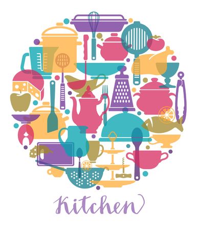 Cooking utensils and kitchen tools in the form of a circle. Vector illustrationのイラスト素材