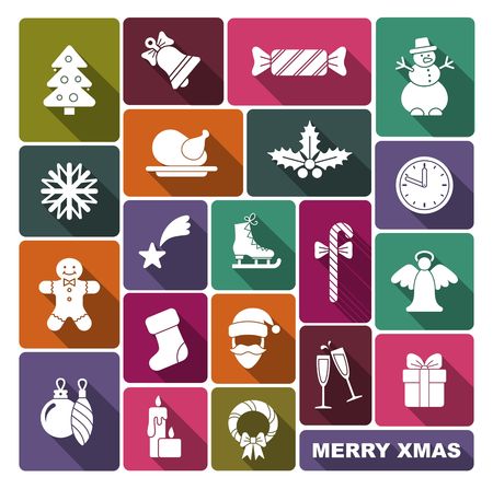 A collection of new year and Christmas symbols on rectangles with long shadows. Vector iconsのイラスト素材