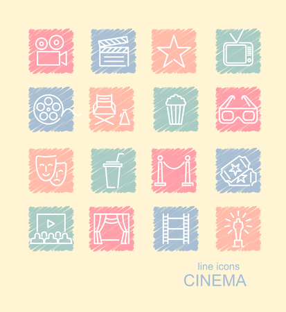 Simple Set of Cinema Related Vector Line Icons on spots drawn with crayonsのイラスト素材