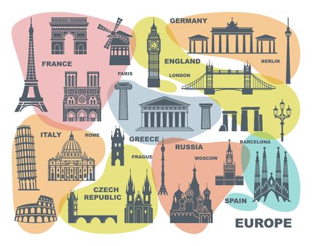 Collection of Europe detailed silhouettes. Set Travel Landmarks. vector illustration. London, Paris, Prague, Barcelona, Moscow Rome Athens Berlinのイラスト素材