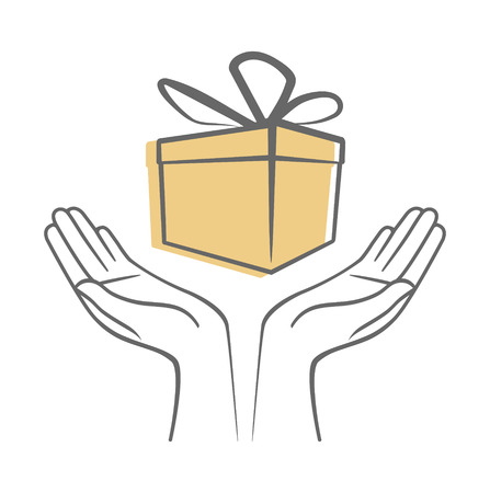Hands holding a gift box with ribbon and bowのイラスト素材