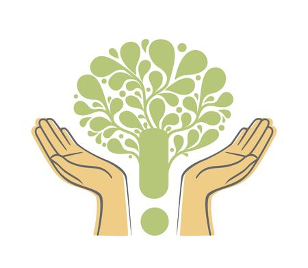 Human hands holding green tree symbol. Concept illustration for environment care or help projectのイラスト素材
