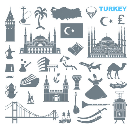 Set of country Turkey culture and traditional symbols. Collection of icons mosque and tower, hookah, tea, musical instruments, weaponsの写真素材