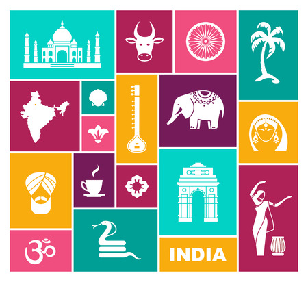 Icons of India. Flat vector icon with traditional symbolsのイラスト素材