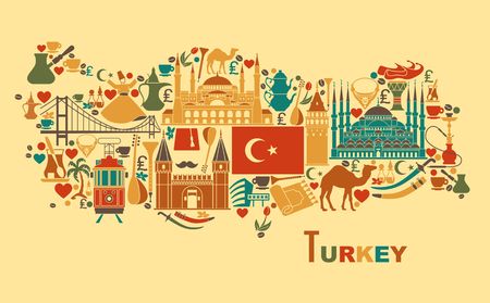 Traditional tourist symbols of Turkey in the form of mapのイラスト素材