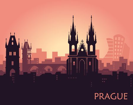 Landscape of Prague with sights. Abstract skylineのイラスト素材