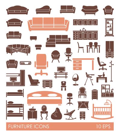 Icons of furniture and accessories for an interior living room, bedroom, nursery and kitchenのイラスト素材