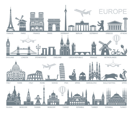 Collection of Europe detailed silhouettes. Set Travel Landmarks. vector illustration. London, Paris, Prague, Barcelona, Moscow Rome Athens Berlin Istanbulのイラスト素材