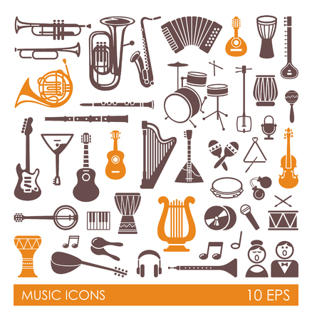 Silhouettes of various musical instruments in flat styleの写真素材