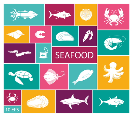 Icons of fish and seafood. Flat vector illustrationの写真素材