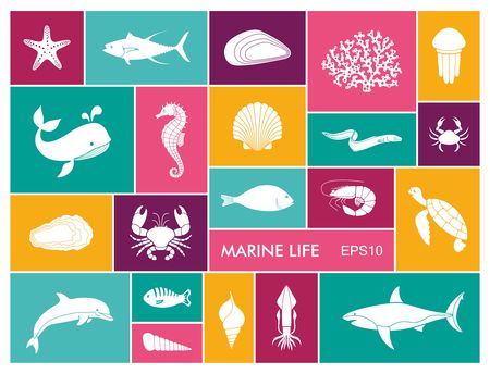 Marine life icon set in flat styleのイラスト素材