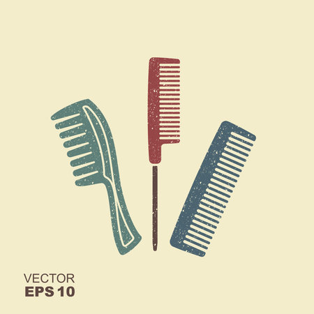 Set of different combs. Hairdressing tools. Flat icon with scuffed effect in a separate layer