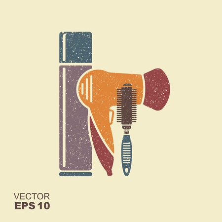 Hair styling tools. Hairbrush, hairspray, hairdryer. Flat icon with scuffed effect in a separate layerのイラスト素材