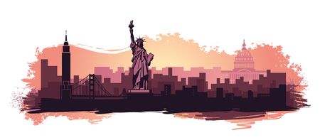 Stylized landscape of new York with the sights of the United States. Abstract skyline with spots and splashes of paintのイラスト素材