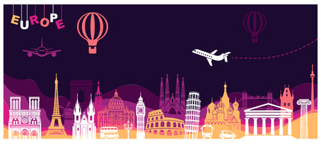 Architectural sights of Europe. Paper art and craft styleのイラスト素材