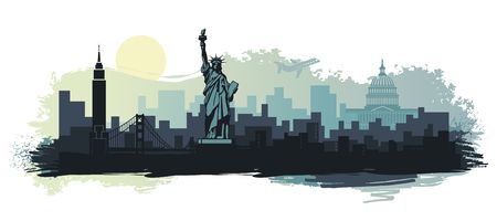 Stylized landscape of new York with the sights of the United States. Abstract skyline with spots and splashes of paintのイラスト素材