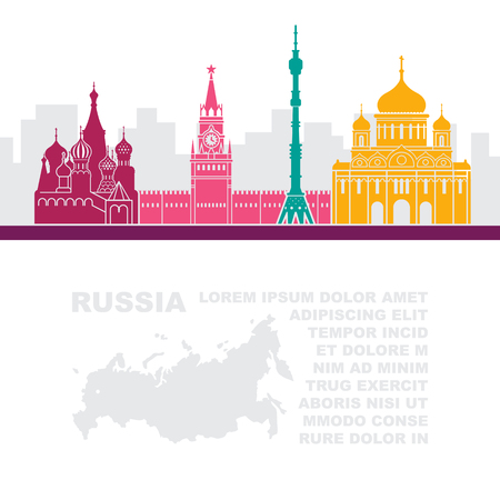 Pattern leaflets with a map of Russia and architectural sights of Moscow with space for textのイラスト素材