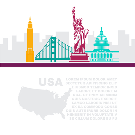 Pattern leaflets with a map and architectural landmarks of the USA and place for textのイラスト素材