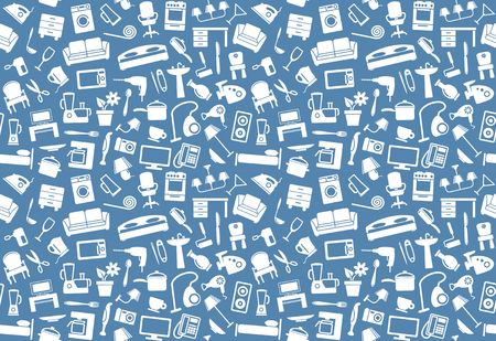 All for the house. A seamless background with furniture, utensils and home appliancesのイラスト素材