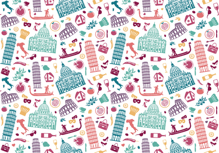 Pattern with traditional symbols of culture, architecture and cuisine of Italyのイラスト素材