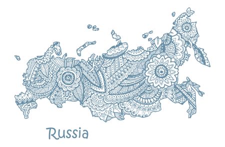 Textured vector map of Russia. Hand drawn ethno pattern, tribal background.のイラスト素材