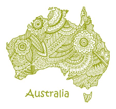 Textured vector map of Australia. Hand drawn ethno pattern, tribal background.のイラスト素材