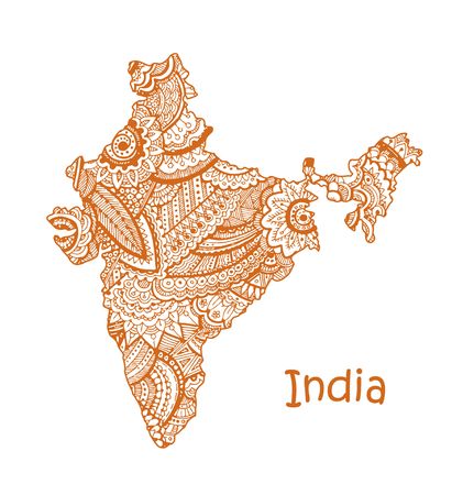 Textured vector map of India. Hand drawn ethno pattern, tribal background.のイラスト素材