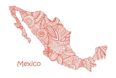 Textured vector map of Mexico. Hand drawn ethno pattern, tribal background.のイラスト素材