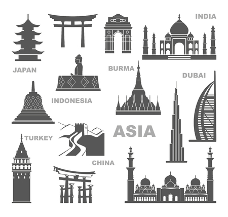 Sights and architectural monuments of Asia. Vector icon setのイラスト素材