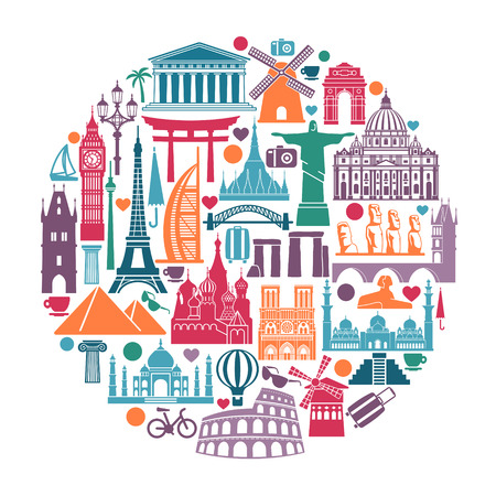 Symbols of architectural monuments and world tourist attractions in the shape of a circleのイラスト素材