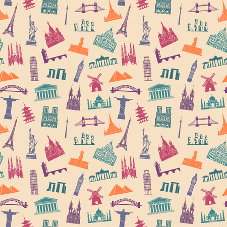 Pattern with architectural monuments and world tourist attractionsのイラスト素材