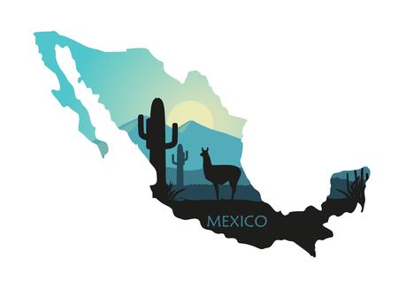 Stylized landscape of Mexico with a llama and cactuses. Abstract skyline at sunrise in the form of a map of Mexicoのイラスト素材