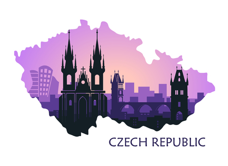 Landscape of Prague with sights. Abstract skyline in the form of a map of the Czech Republicのイラスト素材