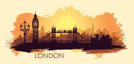 Stylized landscape of London with big Ben, tower bridge and other attractionsのイラスト素材
