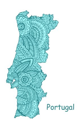 Textured vector map of Portugal. Hand drawn ethno pattern, tribal background.のイラスト素材