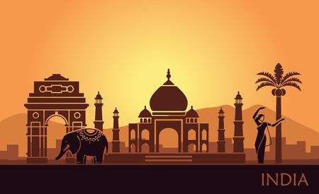 Abstract landscape with the sights of India and a dancing womanのイラスト素材