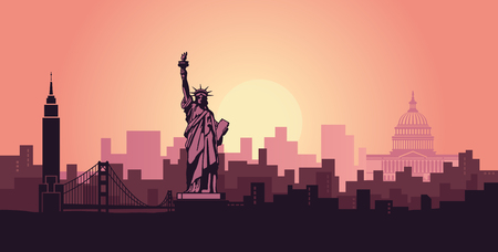 Stylized landscape of new York with the sights of the United States. Abstract skyline at dawnのイラスト素材
