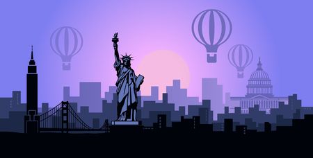 Stylized landscape of new York with the sights of the United States. Abstract skyline at dawnのイラスト素材