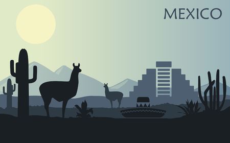 Stylized landscape of Mexico with a llama, cactuses and ancient pyramid. Abstract skyline at sunsetのイラスト素材
