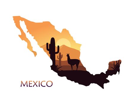 Stylized landscape of Mexico with a llama and cactuses. Abstract skyline at sunrise in the form of a map of Mexicoのイラスト素材
