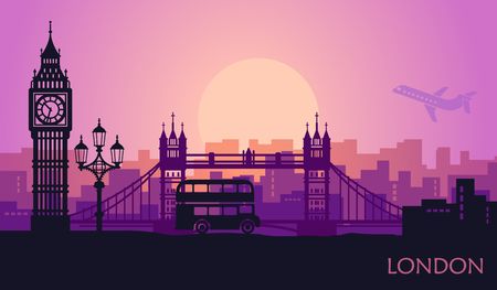 Abstract cityscape of London with the sights at sunset. Vector illustrationのイラスト素材