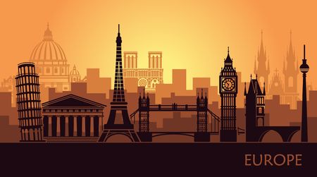 Abstract urban landscape with the sights of Europe at sunsetのイラスト素材