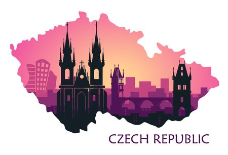 Landscape of Prague with sights. Abstract skyline sunset view in the form of a map of the Czech Republicのイラスト素材