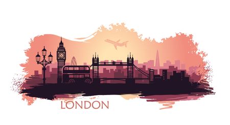 Stylized landscape of London with a with big Ben, tower bridge and other attractions. Abstract skyline at sunset with spots and splashes of paintのイラスト素材