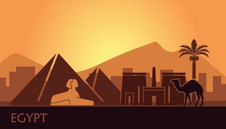 Stylized Egyptian landscape with pyramids, Sphinx and camel at sunsetのイラスト素材