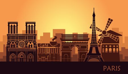 Stylized landscape of Paris with Eiffel tower, arc de Triomphe and Notre Dame Cathedral and other attractions. Abstract skyline at sunsetのイラスト素材